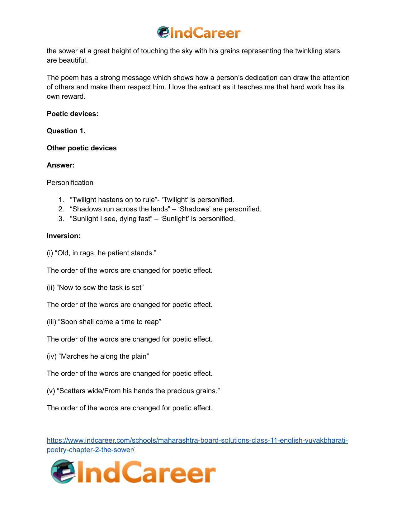 Maharashtra Board Solutions Class 11-English Yuvakbharati (Poetry): Chapter 2- The Sower - Page 15