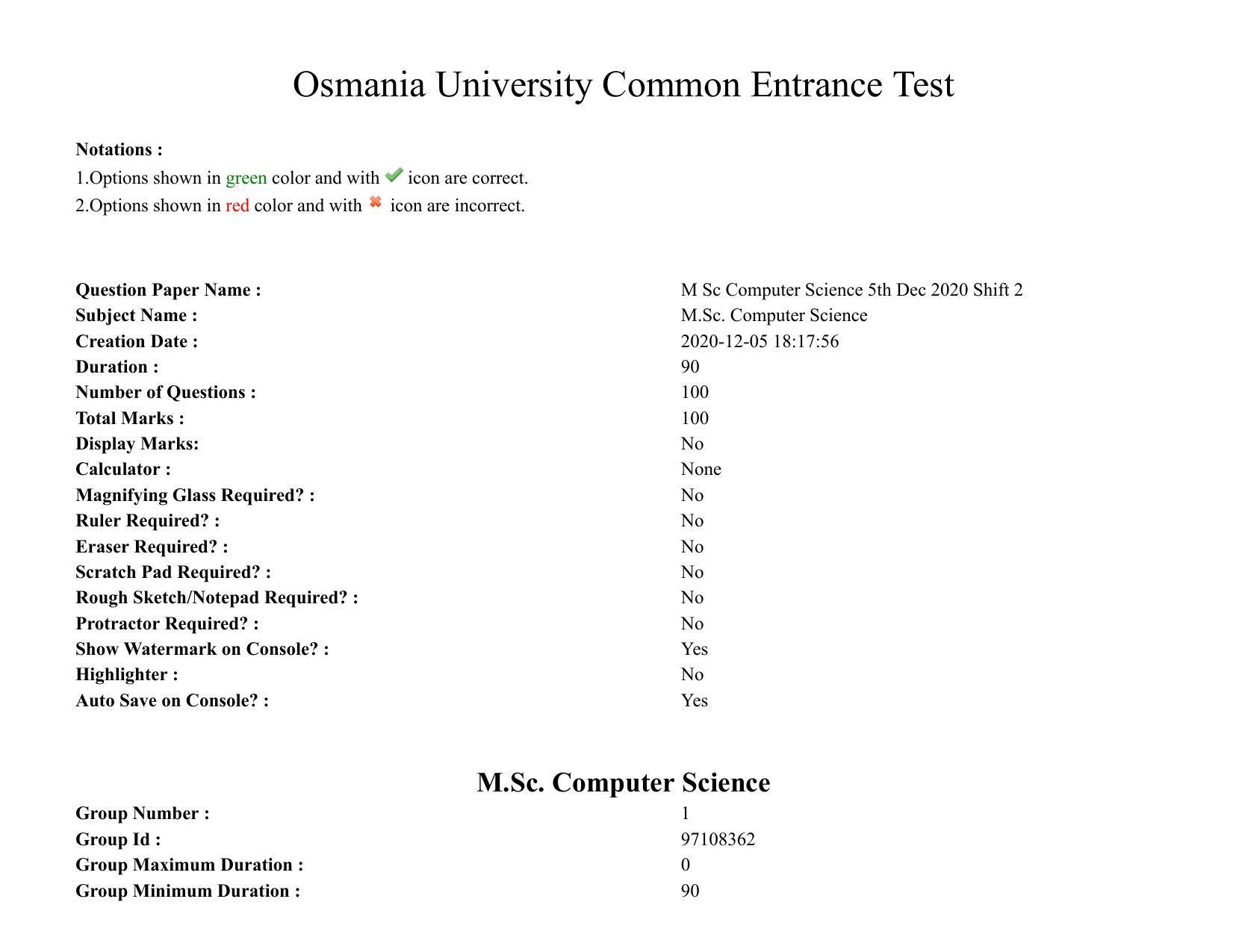 TS CPGET 2020 M.Sc. Computer Science (Shift 2) Question Paper with Answer Key - Page 1