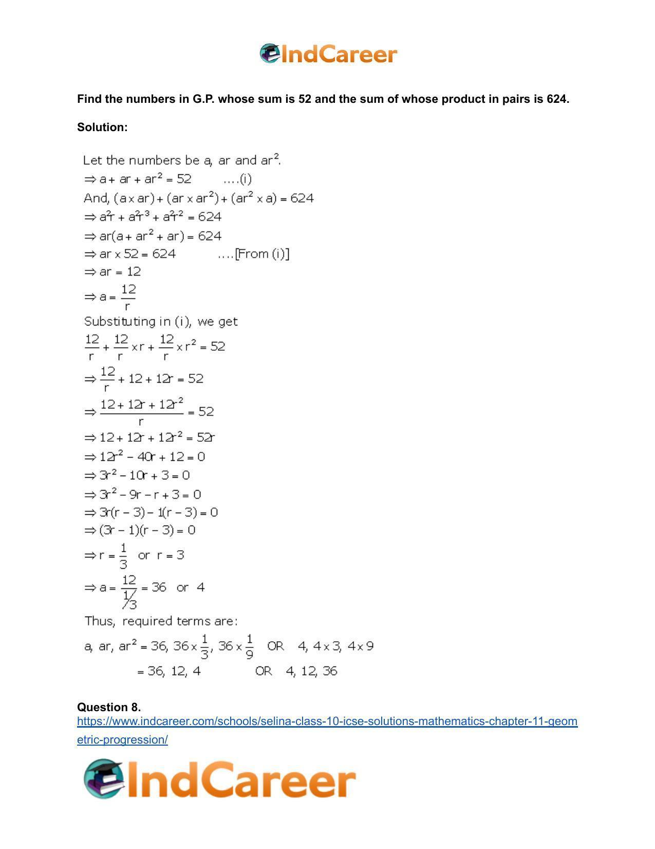 Selina Class 10 ICSE Solutions Mathematics : Chapter 11- Geometric Progression - Page 62