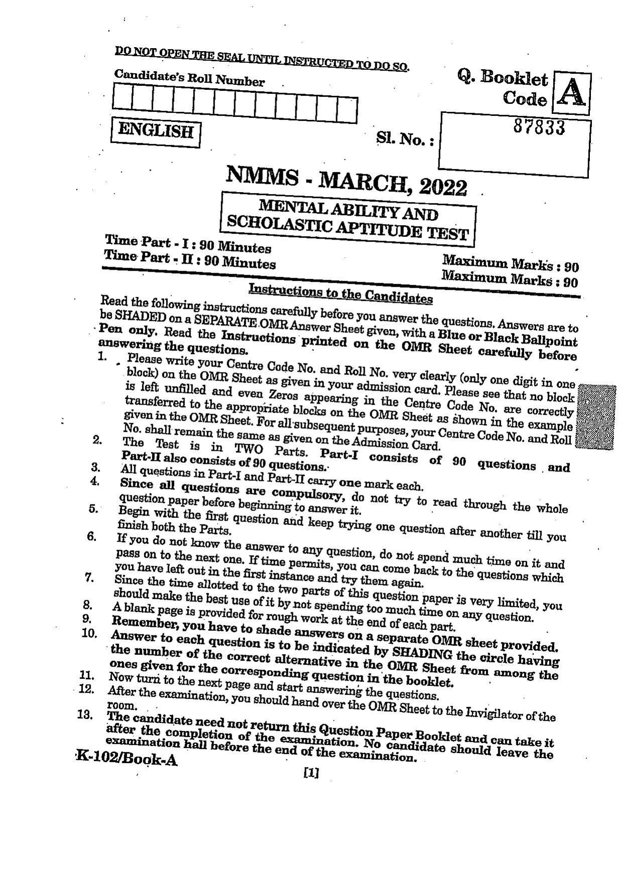 NMMS Question Papers March 2022 (English Medium) - Page 1
