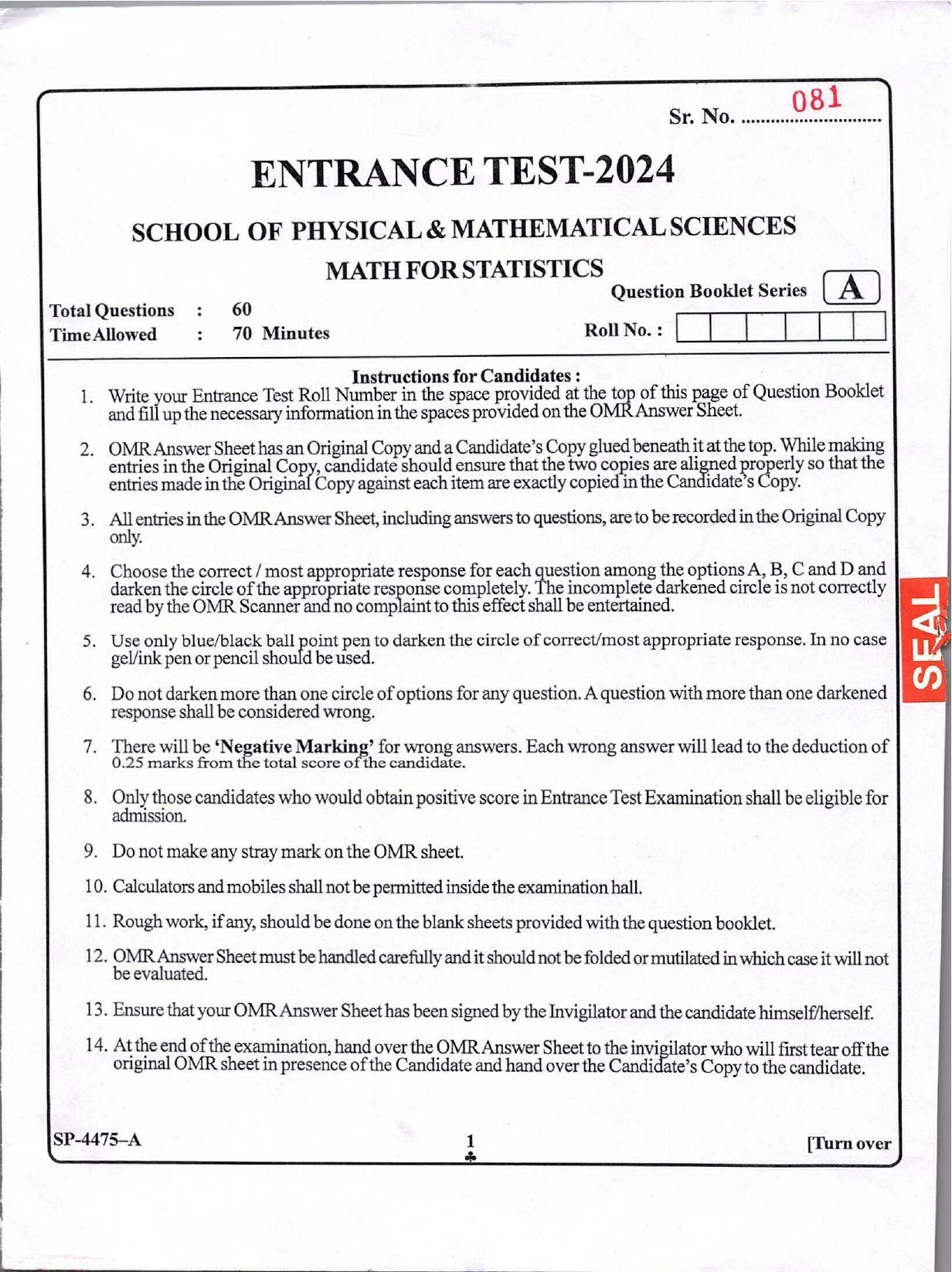 KUET 2024 M.A. Statistics Question Paper - Page 1
