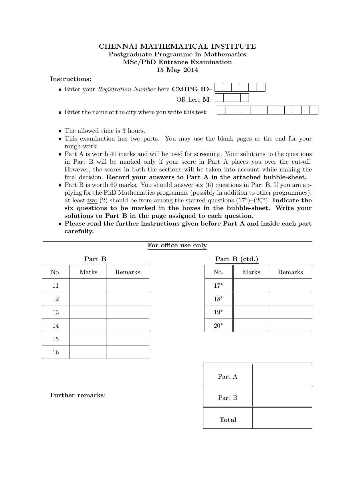 CMI Entrance Exam 2014 Question Paper MSc/PhD Computer Science - Page 1