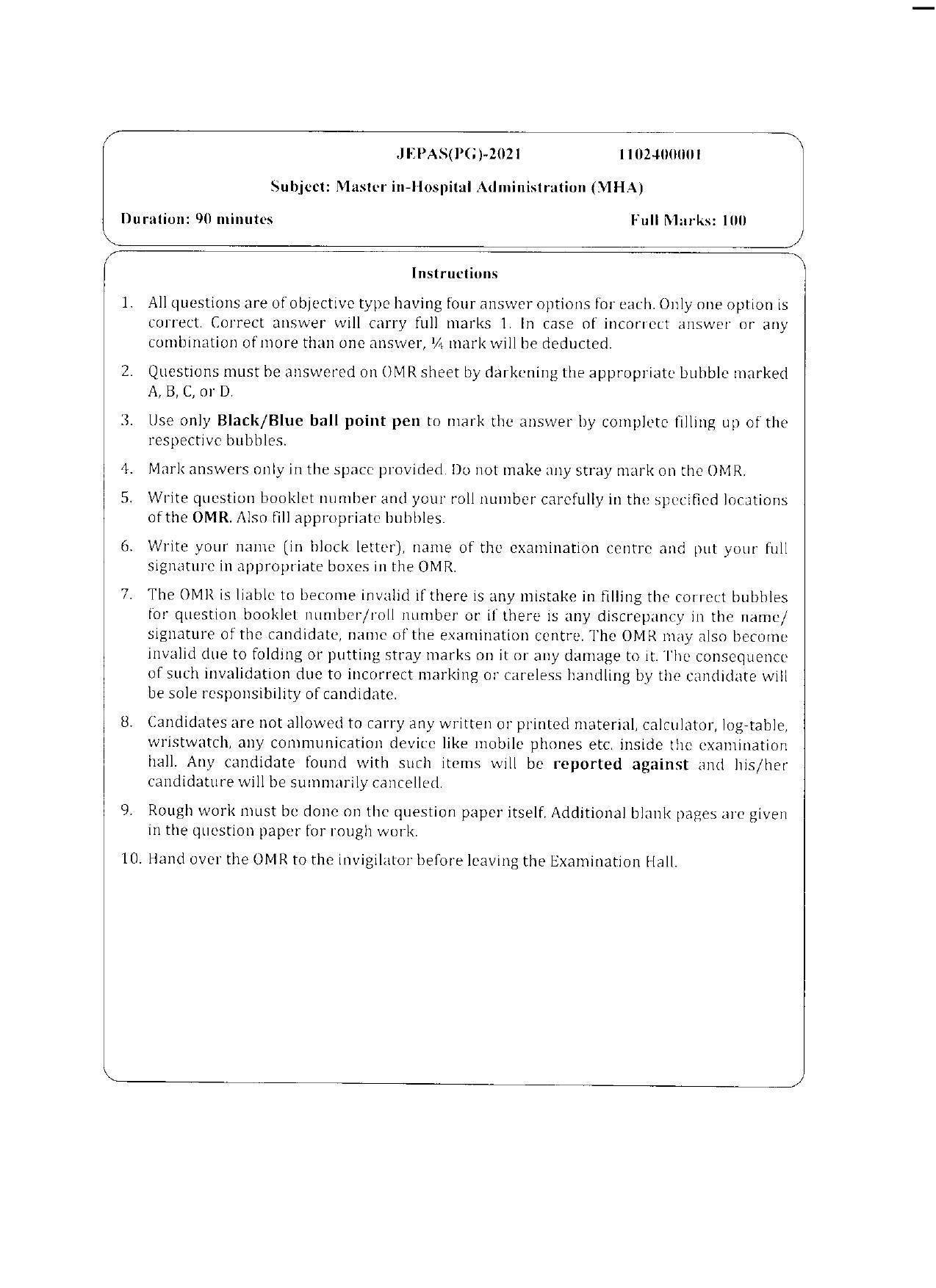 WBJEEB JEMAS (PG) 2021 MHA Question Paper - Page 1