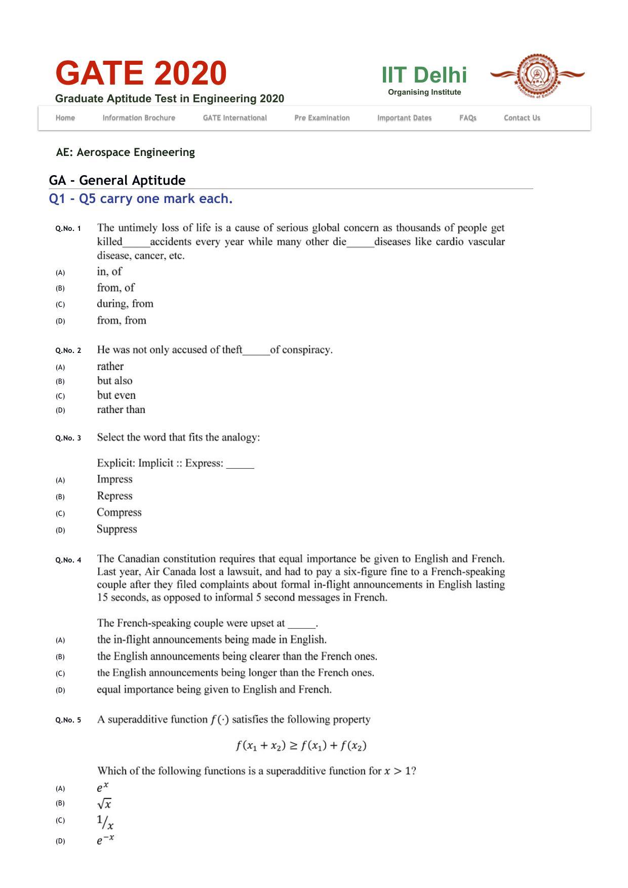 GATE 2020 Aerospace Engineering (AE) Question Paper - Page 1