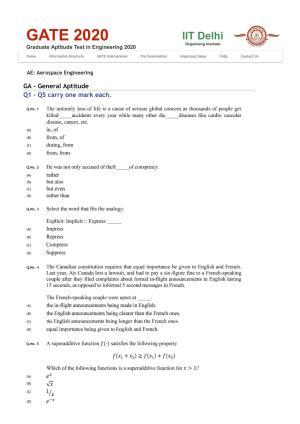 GATE 2020 Aerospace Engineering (AE) Question Paper