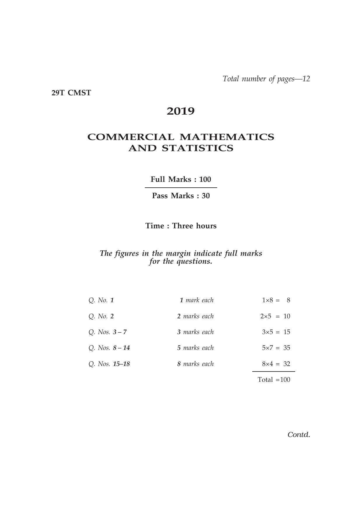 Assam HS 2nd Year Commercial Mathematics and Statistics 2019 Question Paper - Page 1