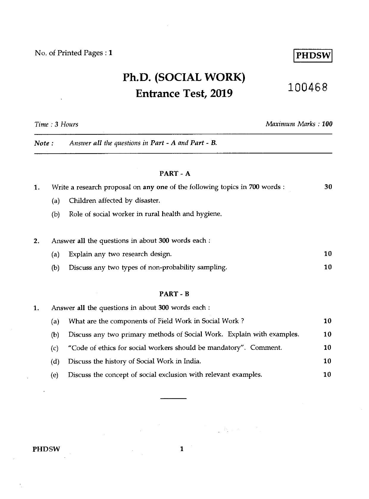 IGNOU PhD Entrance Test Ph.D./M.Phil (Social Work) 2019 Question Paper - Page 1