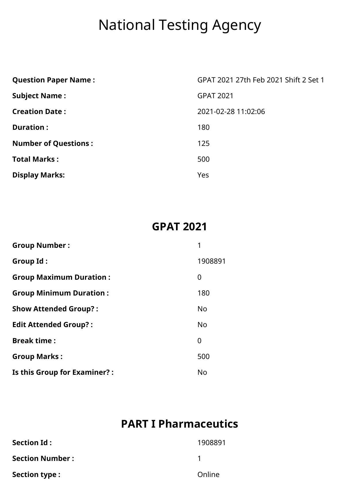 GPAT 2021 27th Feb 2021 Shift 2 Set 1 Question Papers - Page 1
