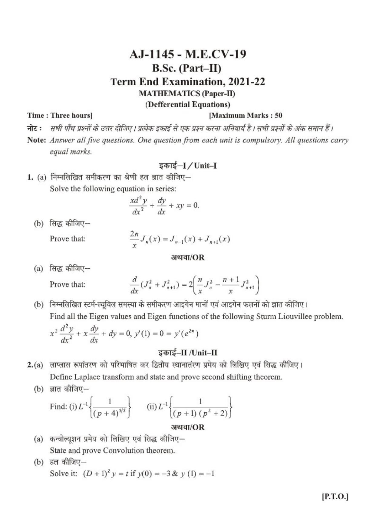 Bilaspur University Question Paper 20212022B. Sc. PartII (Two