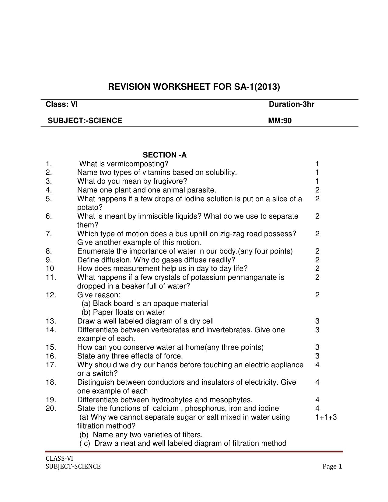 CBSE Worksheets for Class 6 Science Assignment 7 - Page 1