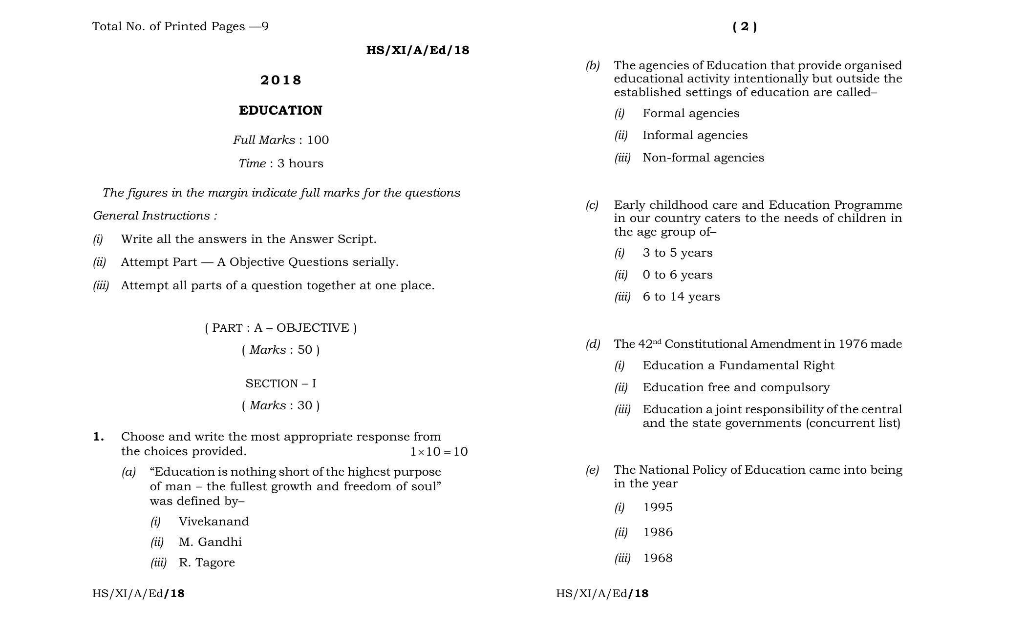 Meghalaya Board (MBOSE) Class 11 Education 2018 Question Paper - Page 1