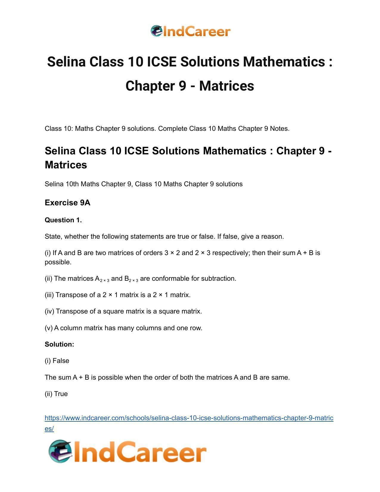 Selina Class 10 ICSE Solutions Mathematics : Chapter 9 - Matrices - Page 2