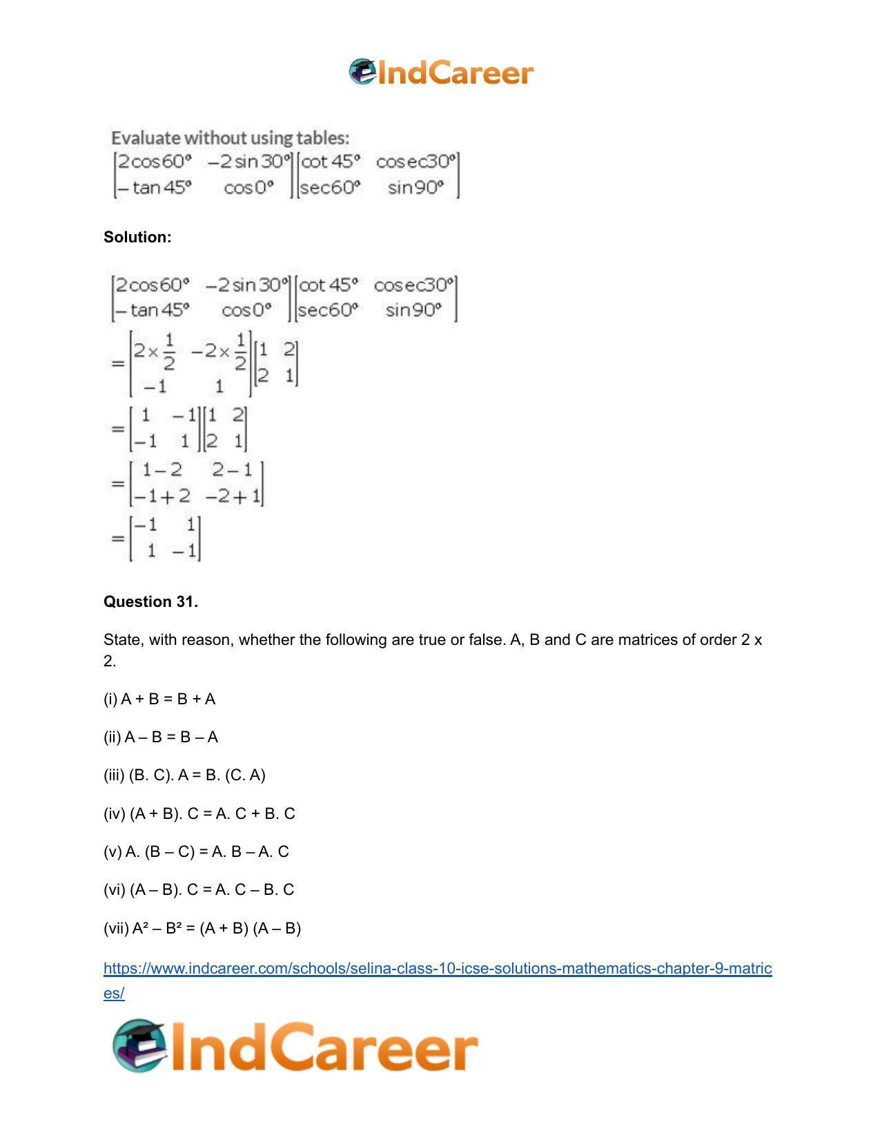 Selina Class 10 ICSE Solutions Mathematics : Chapter 9 - Matrices - Page 50