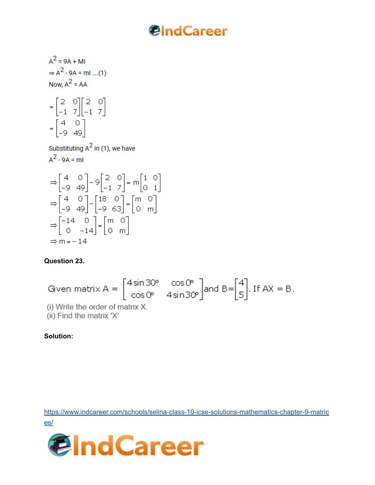 Selina Class 10 ICSE Solutions Mathematics : Chapter 9 - Matrices - Page 70