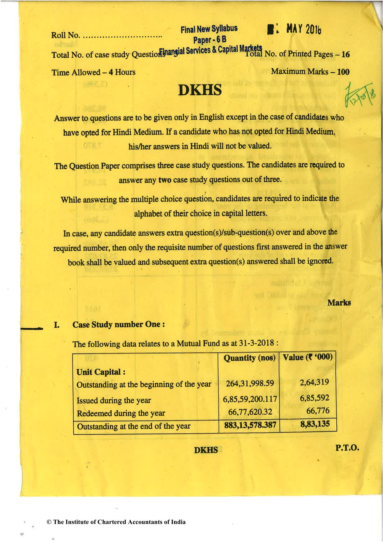 CA Final May 2018 Question Paper - Paper 6B – Financial Services and Capital Markets - Page 1