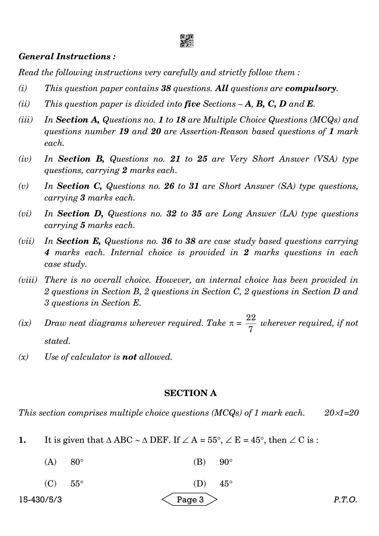 CBSE Class 10 430-5-3 Mathematics Basic 2024 Question Paper - Page 3