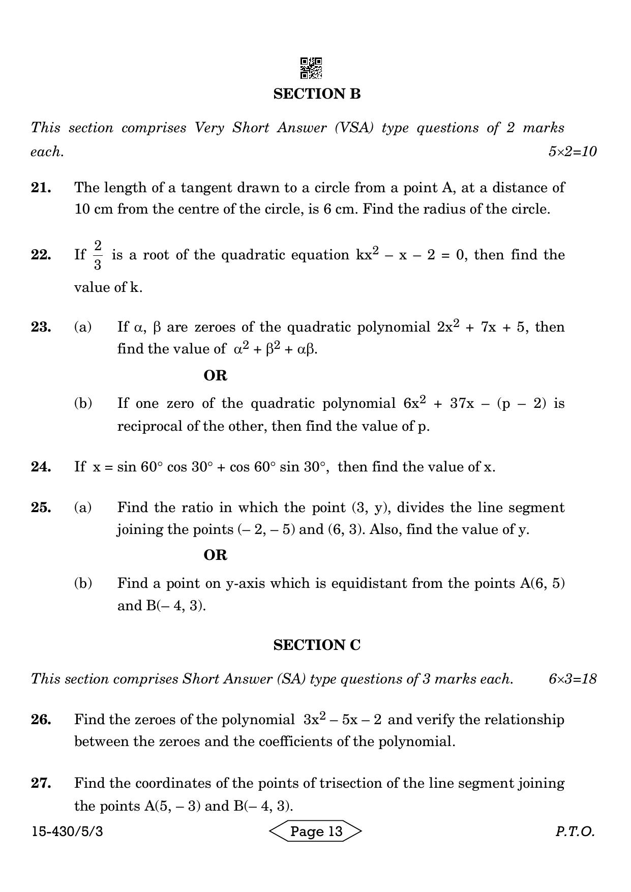 CBSE Class 10 430-5-3 Mathematics Basic 2024 Question Paper - Page 13
