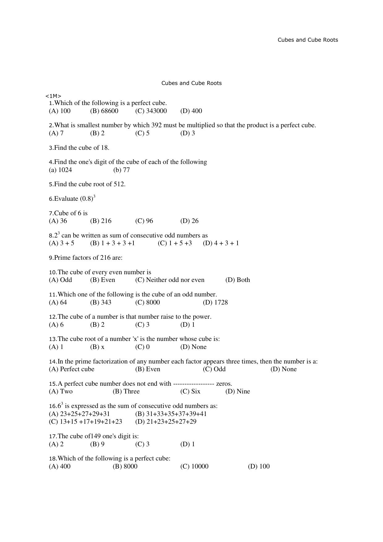 CBSE Worksheets for Class 8 Mathematics Cubes and Cube Roots Assignment 2 - Page 1