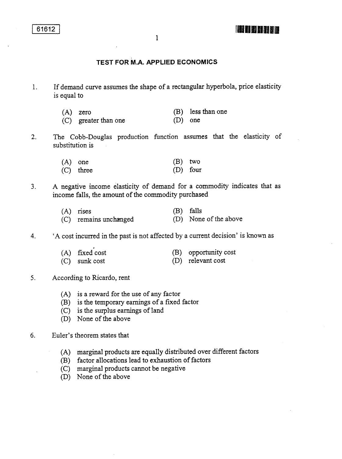 CUSAT CAT 2012 MA Applied Economics Question Paper - Page 1