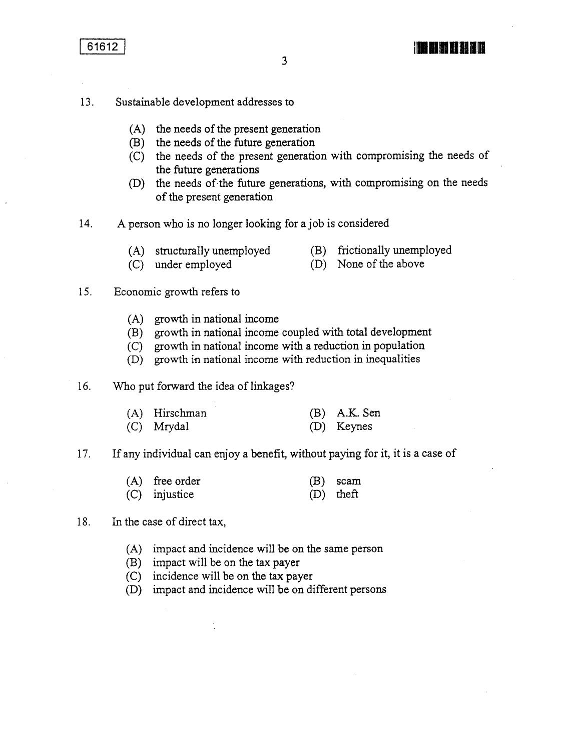 CUSAT CAT 2012 MA Applied Economics Question Paper - Page 3