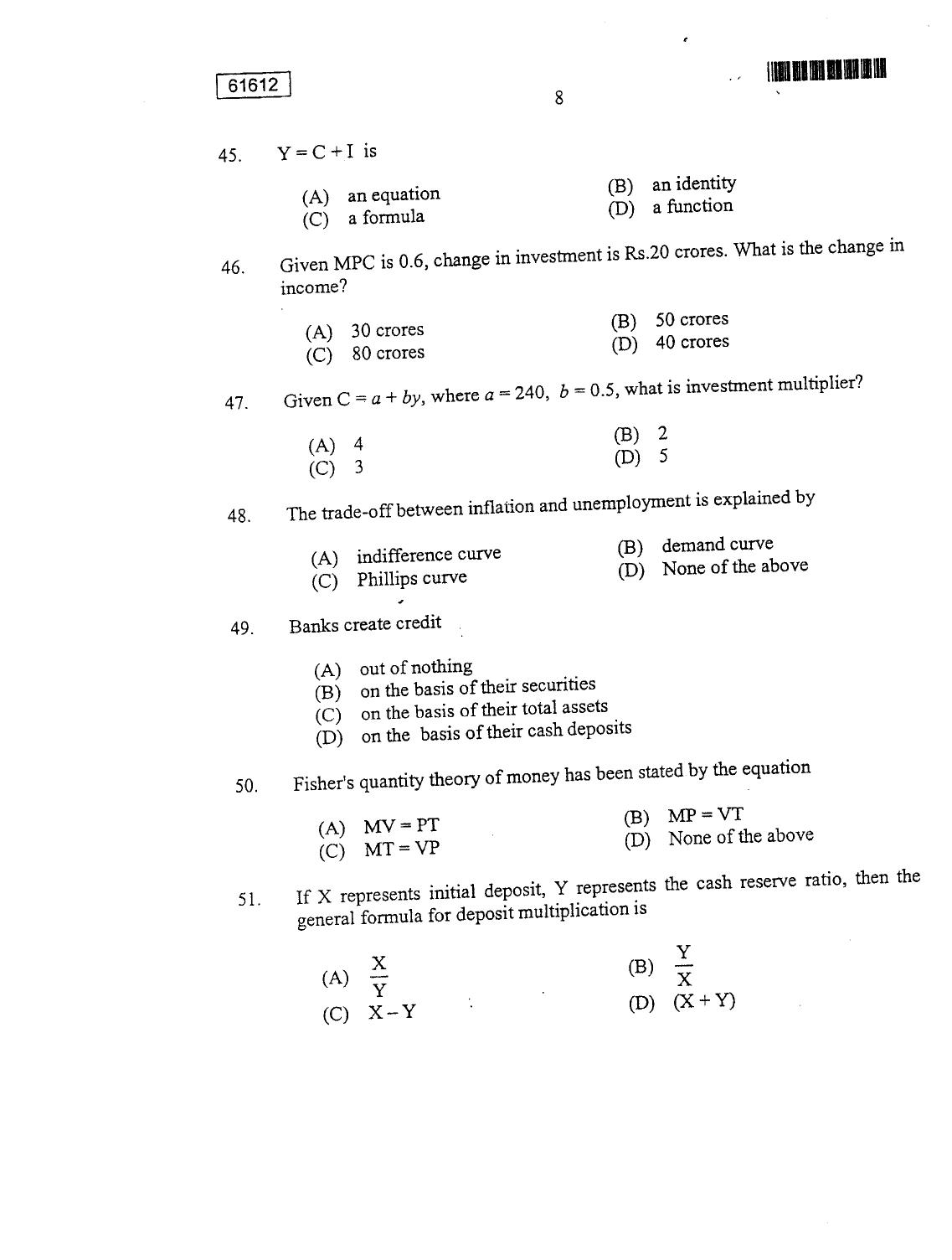 CUSAT CAT 2012 MA Applied Economics Question Paper - Page 8