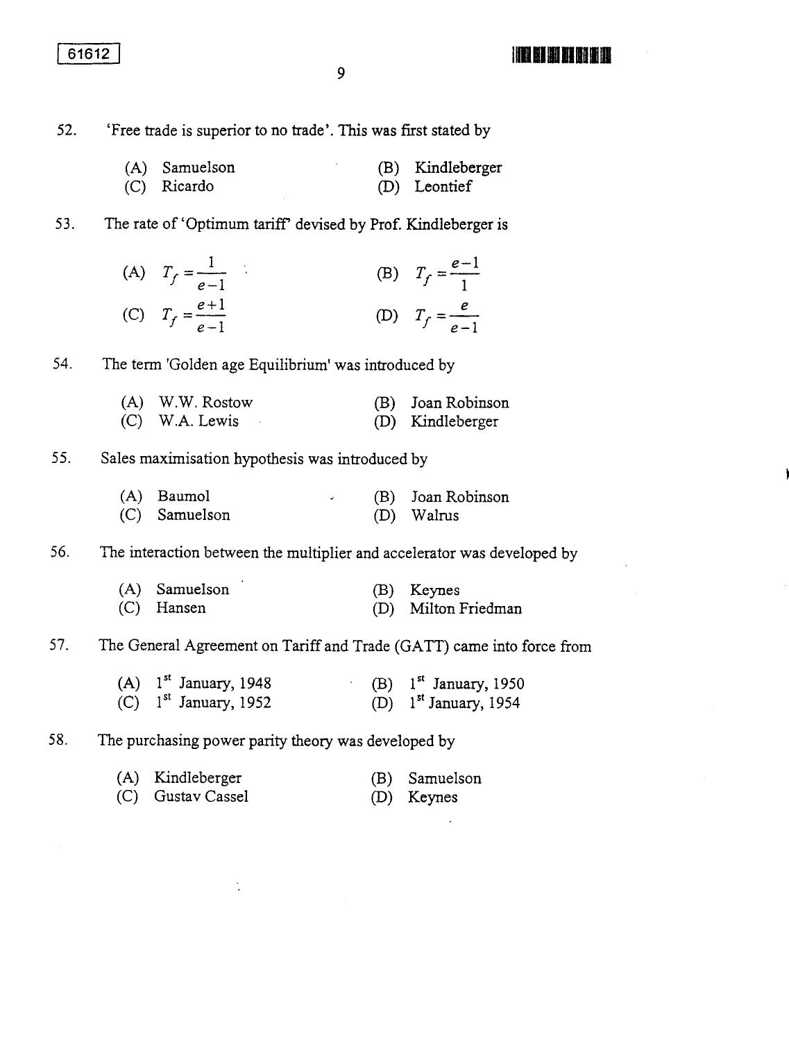 CUSAT CAT 2012 MA Applied Economics Question Paper - Page 9