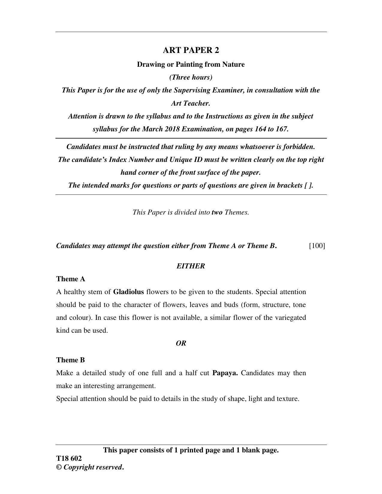 ICSE Class 10 Art Paper 2 (Drawing or Painting from Nature) 2018 Question Paper - Page 1