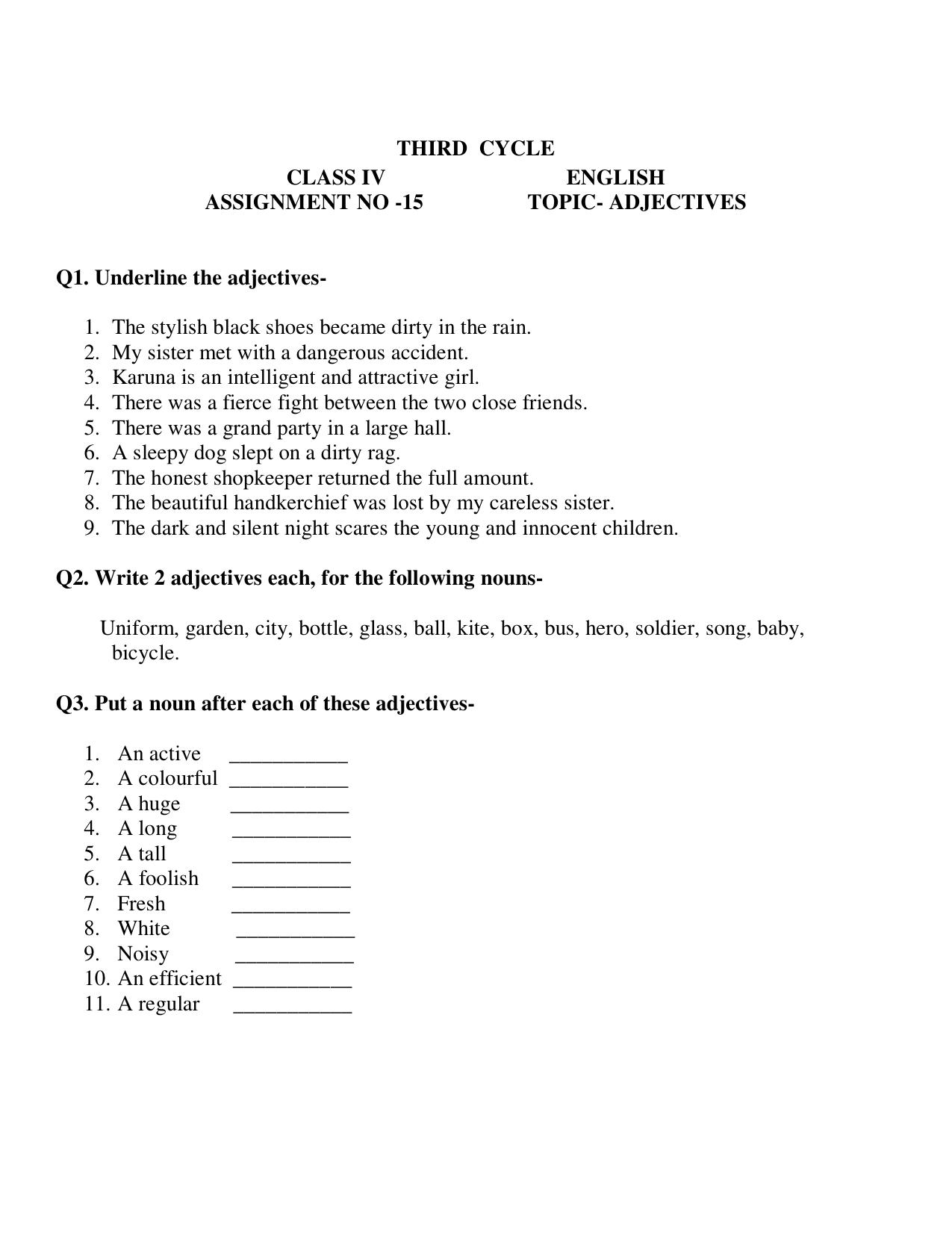 Worksheet for Class 4 English Assignment 10 - Page 1