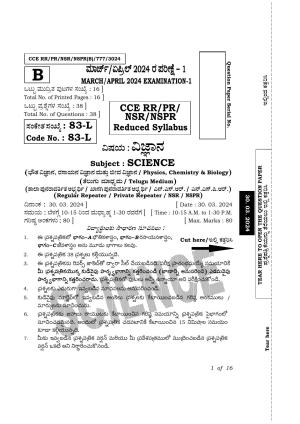 Karnataka SSLC Science (Telugu Medium) Exam 1 Question Paper 2024 (B Version)