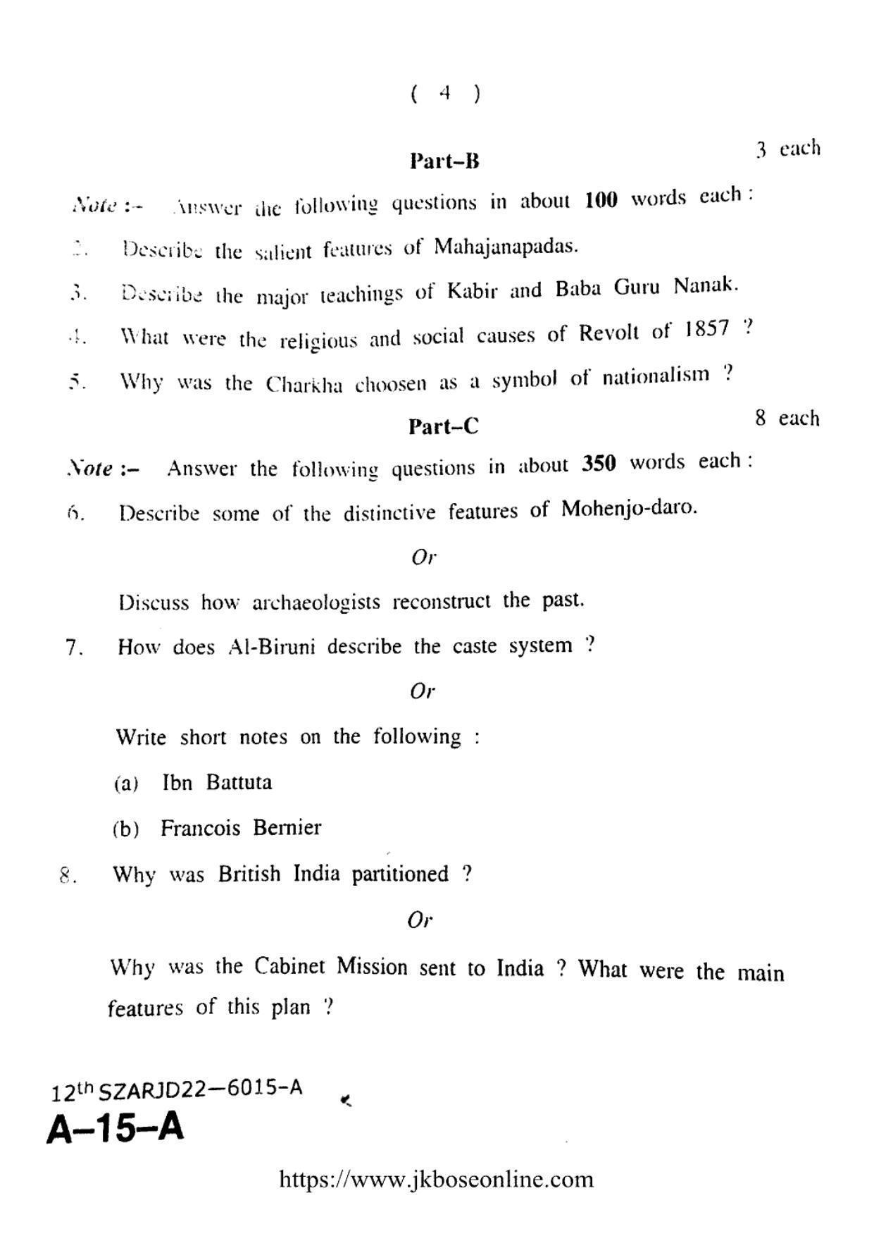 JKBOSE Class 12 History 6015-A Question Papers 2022 - Page 4