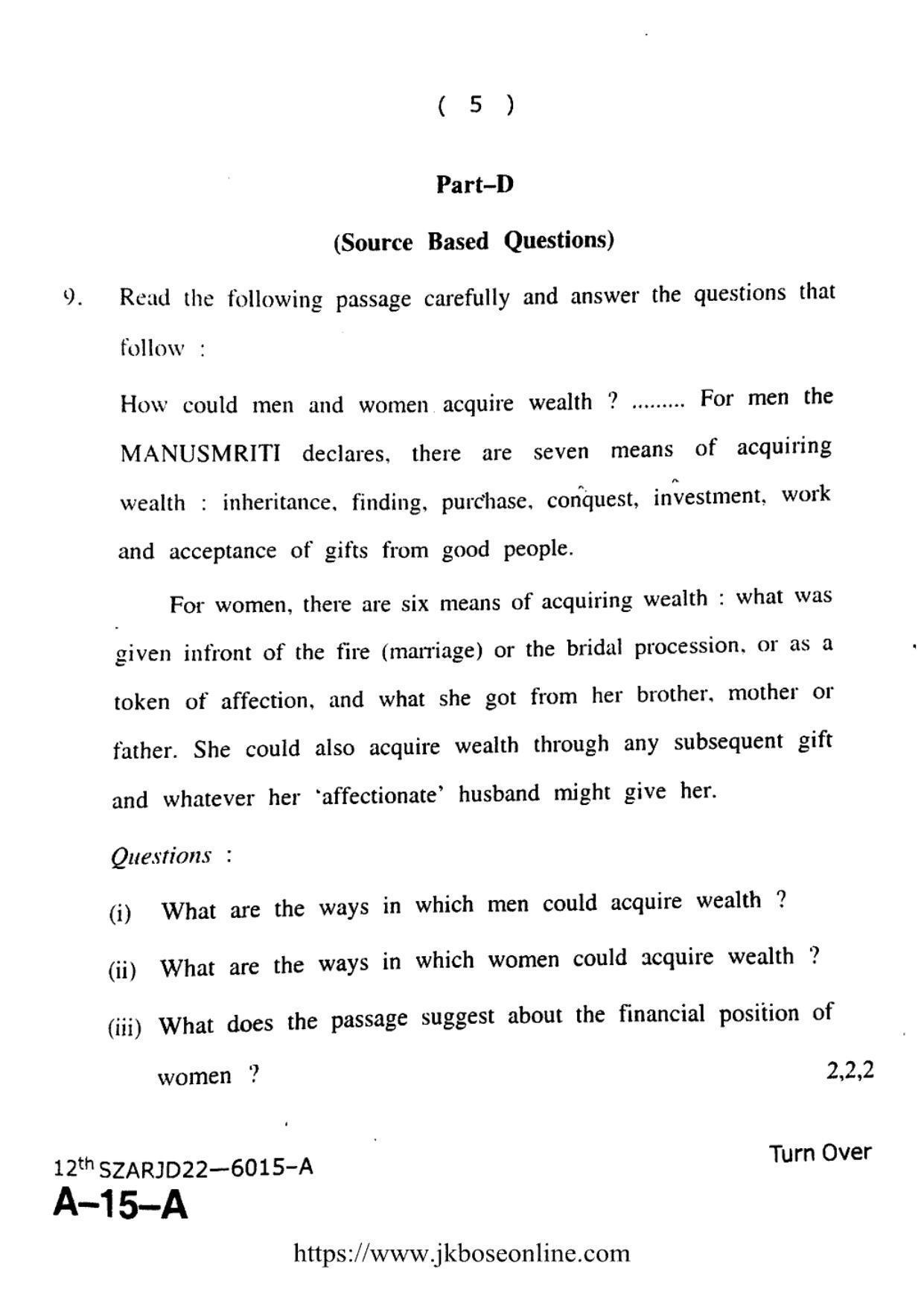JKBOSE Class 12 History 6015-A Question Papers 2022 - Page 5