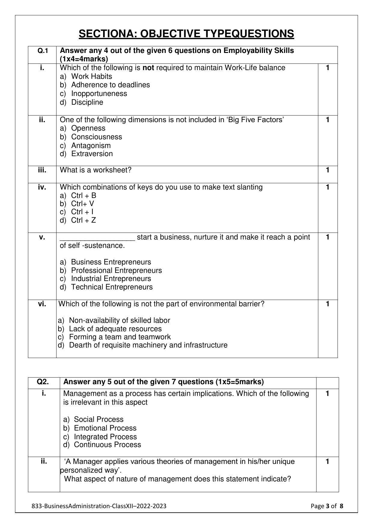 CBSE Class 10 Business Administration (Skill Education) Sample Papers 2023 - Page 3