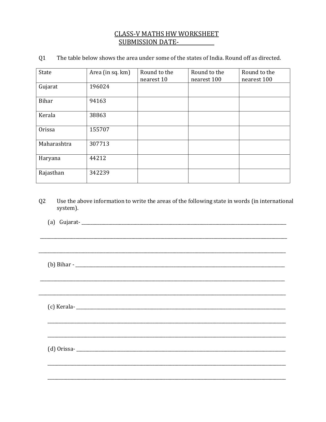 Worksheet for Class 5 Maths Round Off Assignment - Page 1