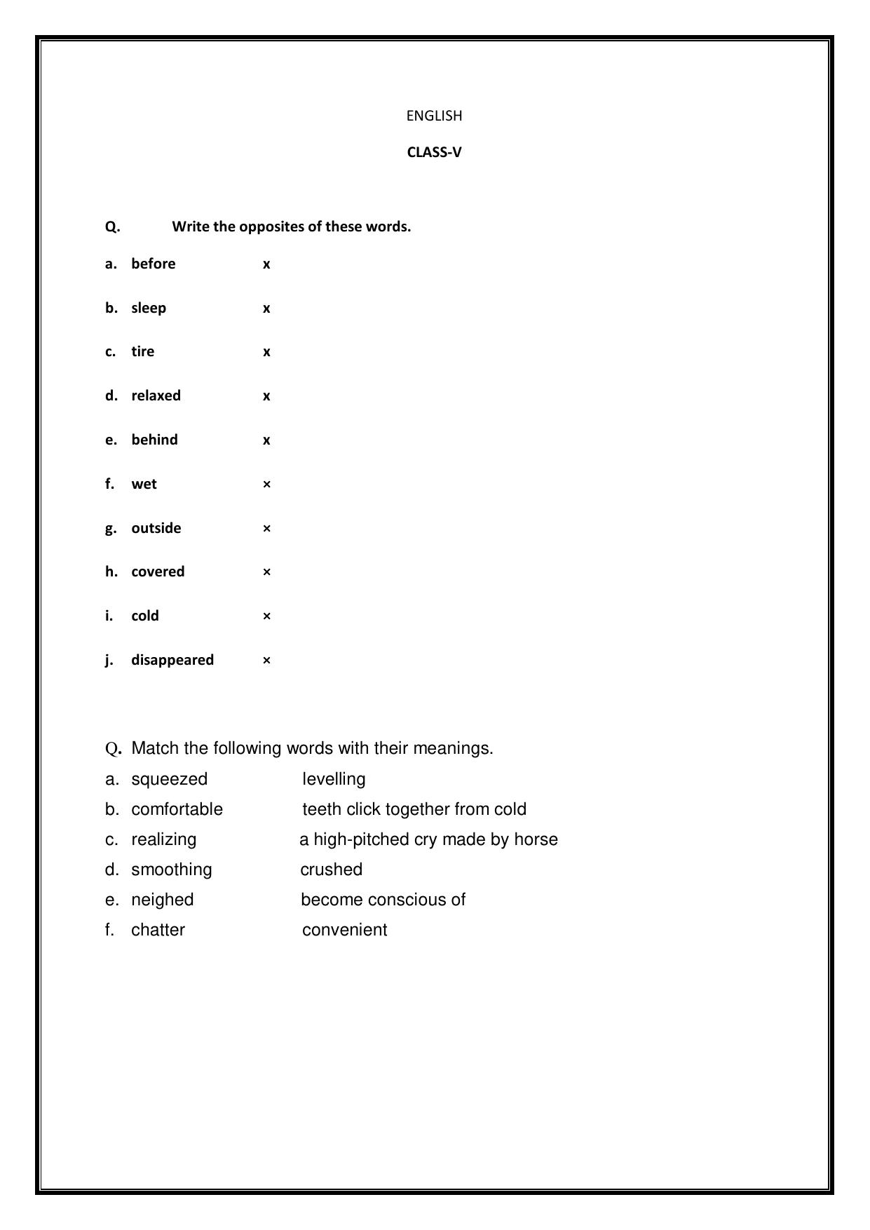 Worksheet for Class 5 English Opposites Assignment - Page 1