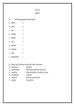 Worksheet for Class 5 English Opposites Assignment