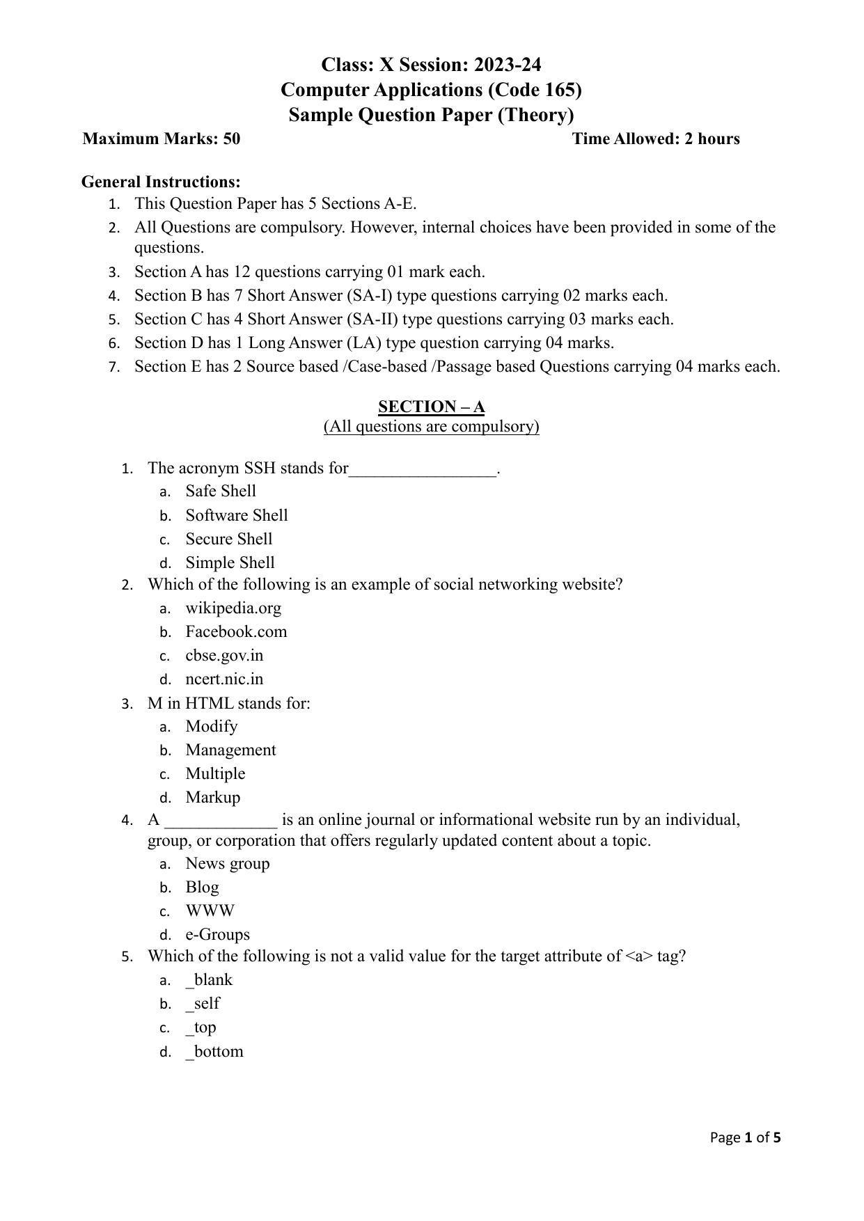 Cbse class 10 computer application sample paper 2024 indcareer docs
