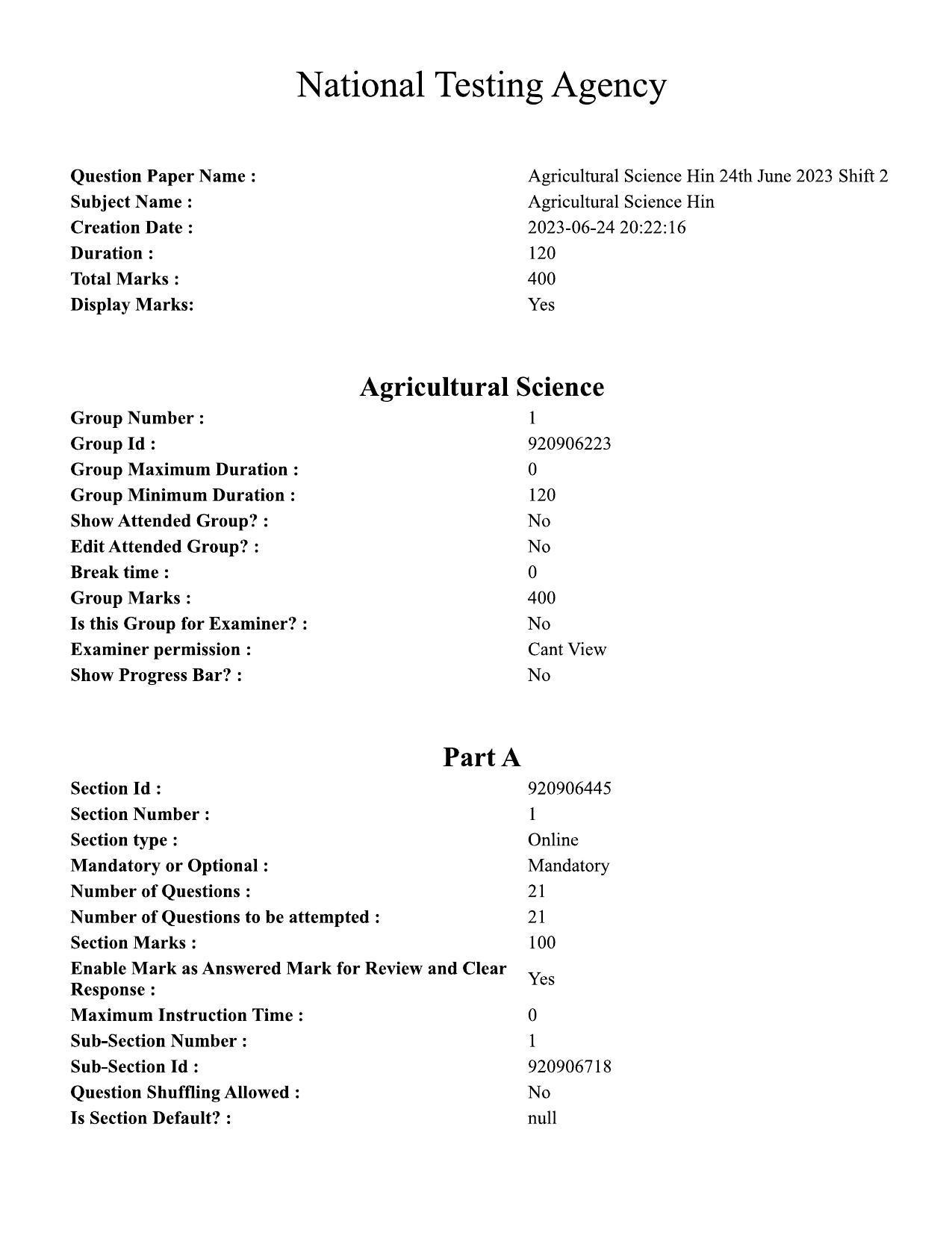 CUET PG 2023: SCQP01 – Agricultural Science Hin - Shift 2 (24-06-2023) Question Paper - Page 1