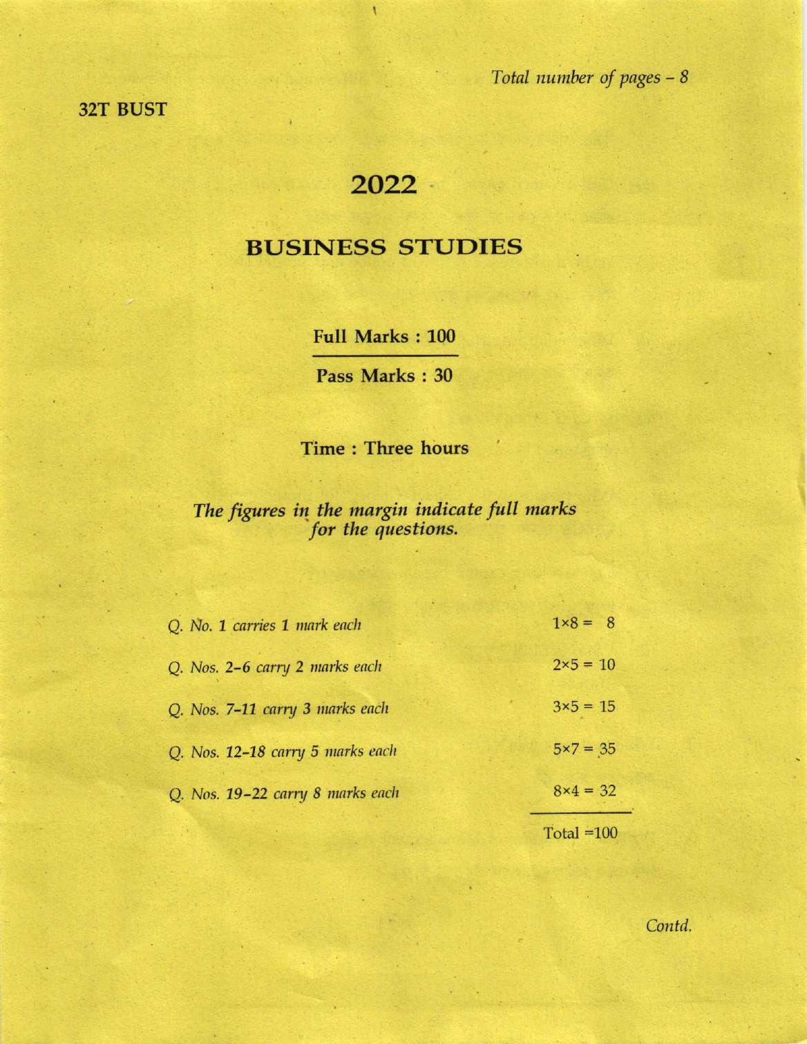 Assam HS 2nd Year Business Studies 2022 Question Paper - Page 1