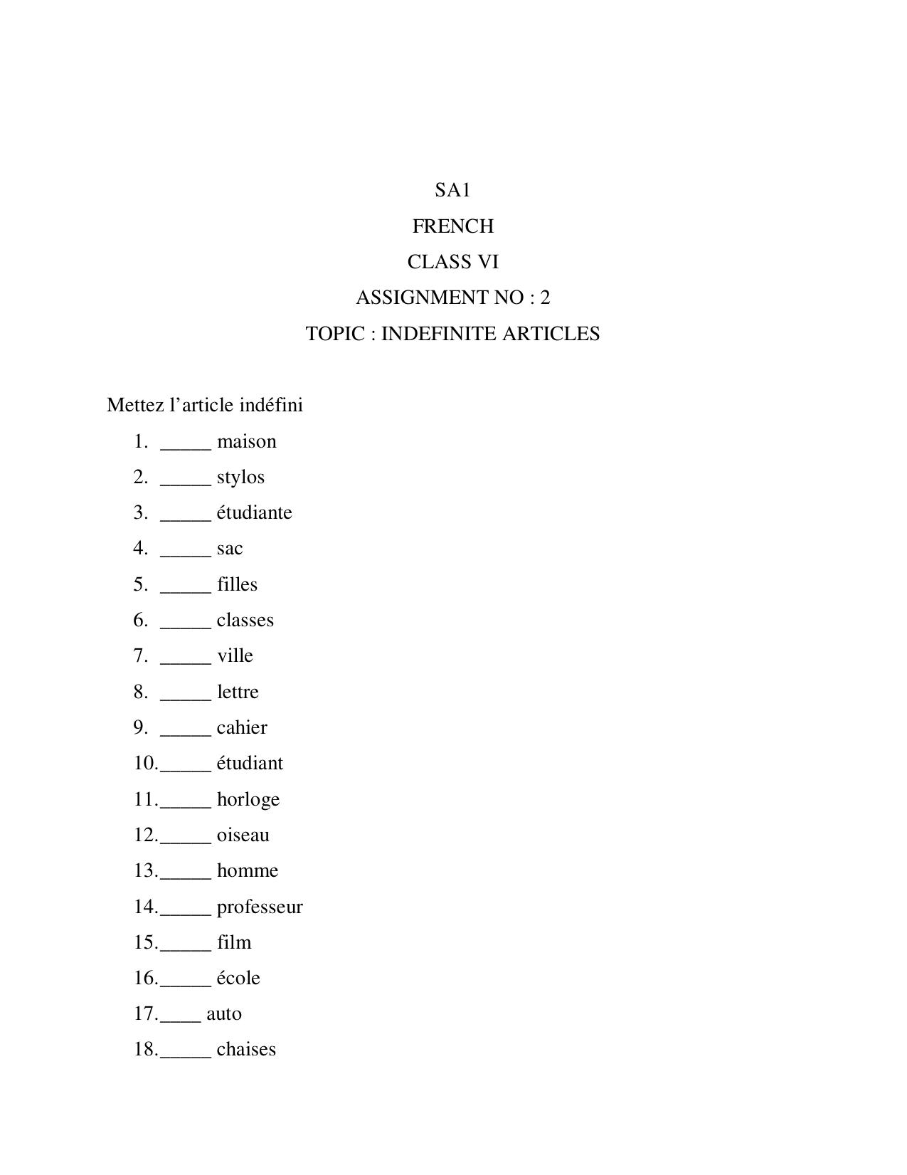CBSE Worksheets for Class 6 French Practice Assignment 1 - Page 1