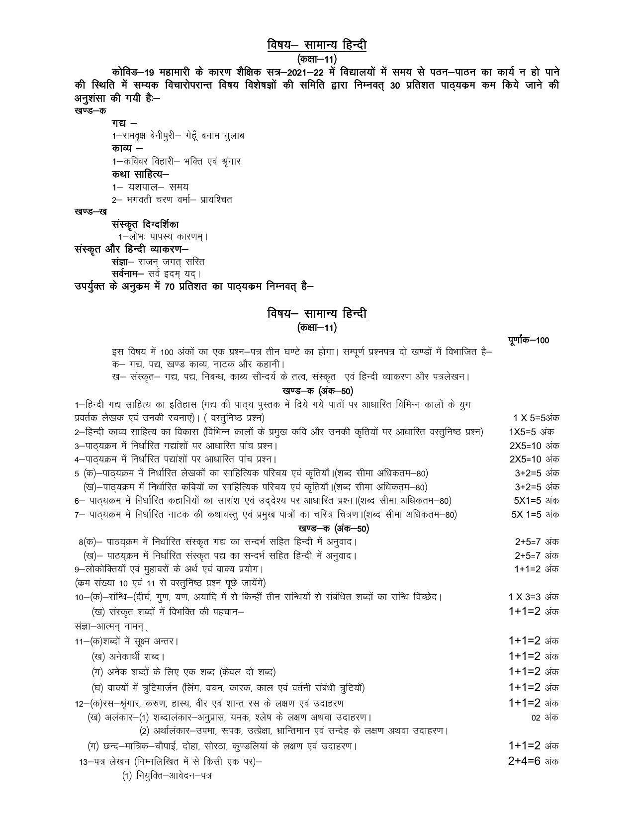 UP Board 11th Syllabus General Hindi - Page 1