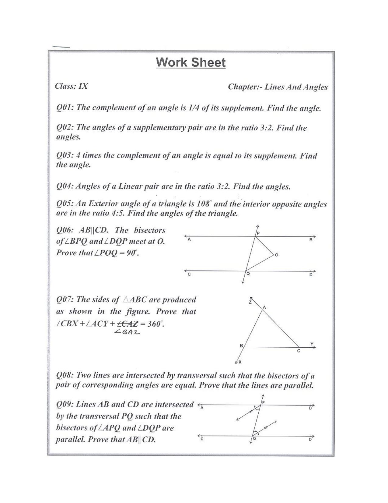 CBSE Worksheets for Class 9 Mathematics Lines and Angles Assignment 4 - Page 1