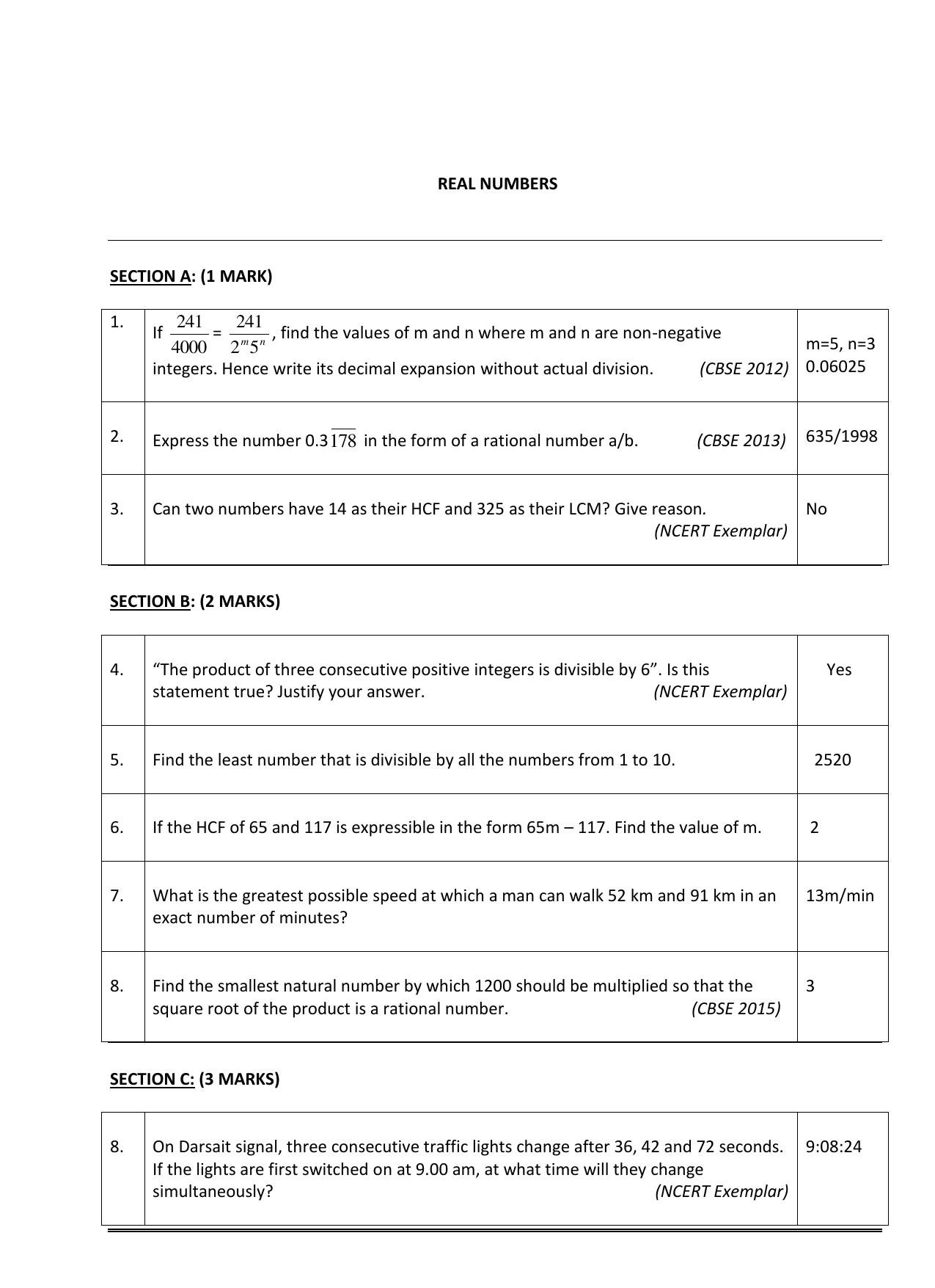 CBSE Worksheets for Class 10 Maths Real Numbers Assignment 8 - Page 1