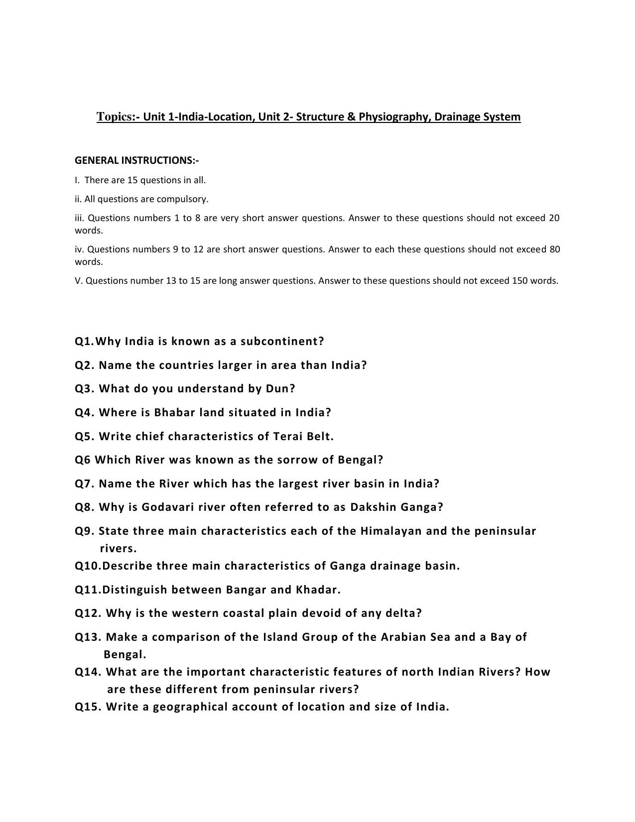 CBSE Worksheets for Class 11 Geography Structure & Physiography Assignment - Page 1