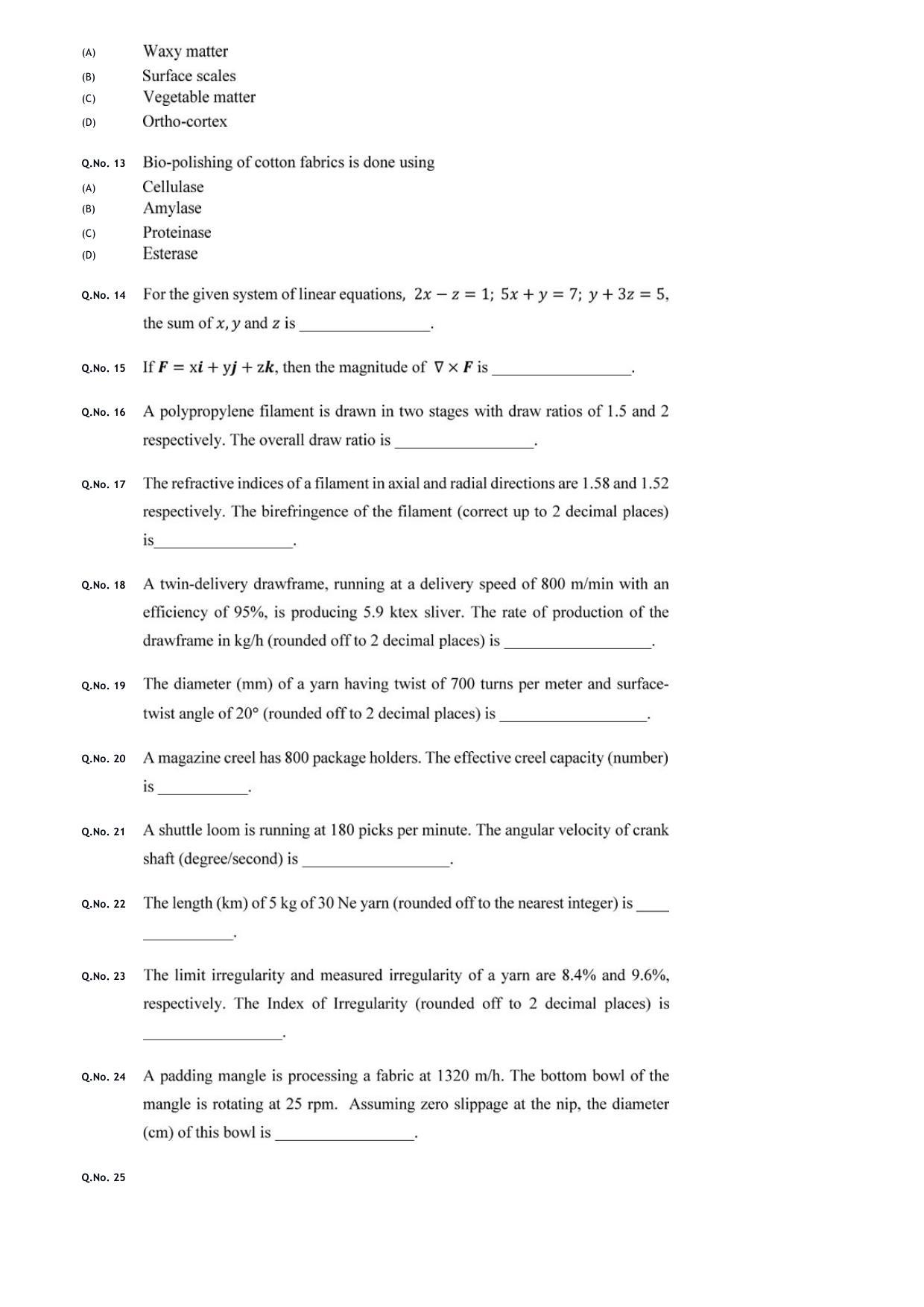 GATE 2020 Textile Engineering and Fibre Science (TF) Question Paper