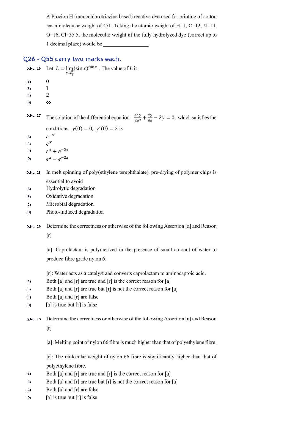 GATE 2020 Textile Engineering and Fibre Science (TF) Question Paper - Page 6