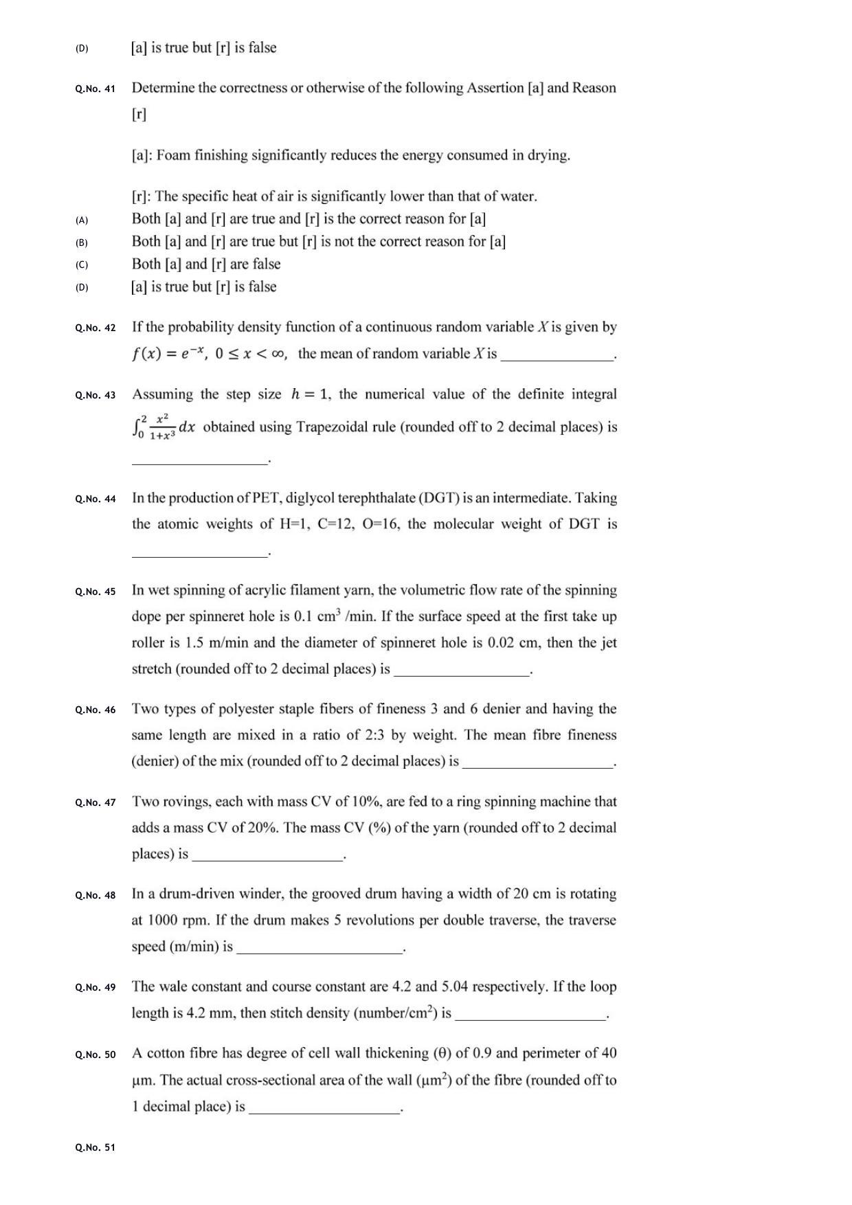 GATE 2020 Textile Engineering and Fibre Science (TF) Question Paper