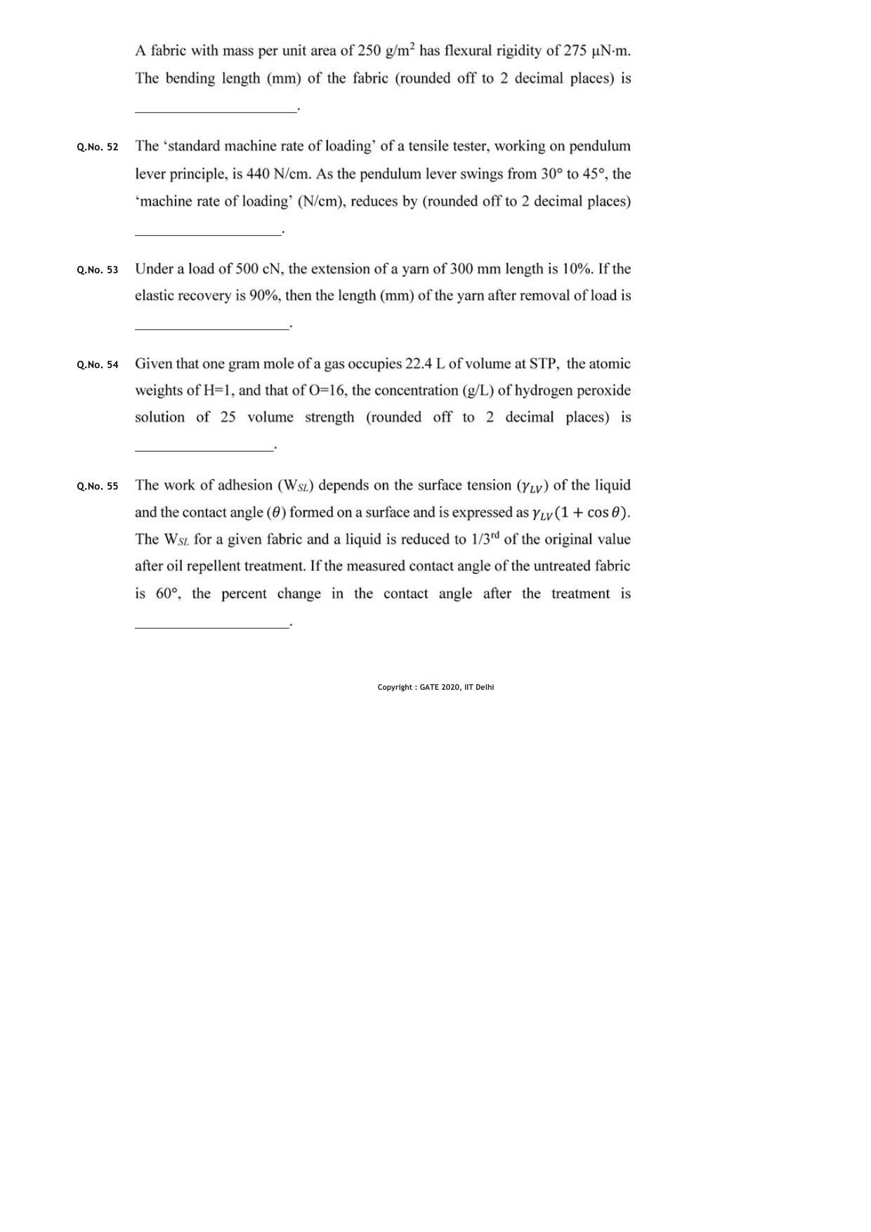 GATE 2020 Textile Engineering and Fibre Science (TF) Question Paper