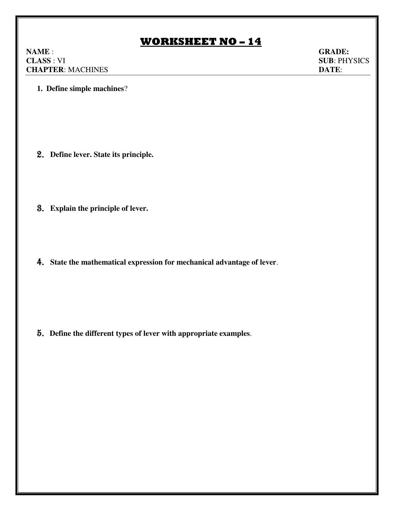 CBSE Worksheets for Class 6 Physics Machines Assignment 1 - Page 1