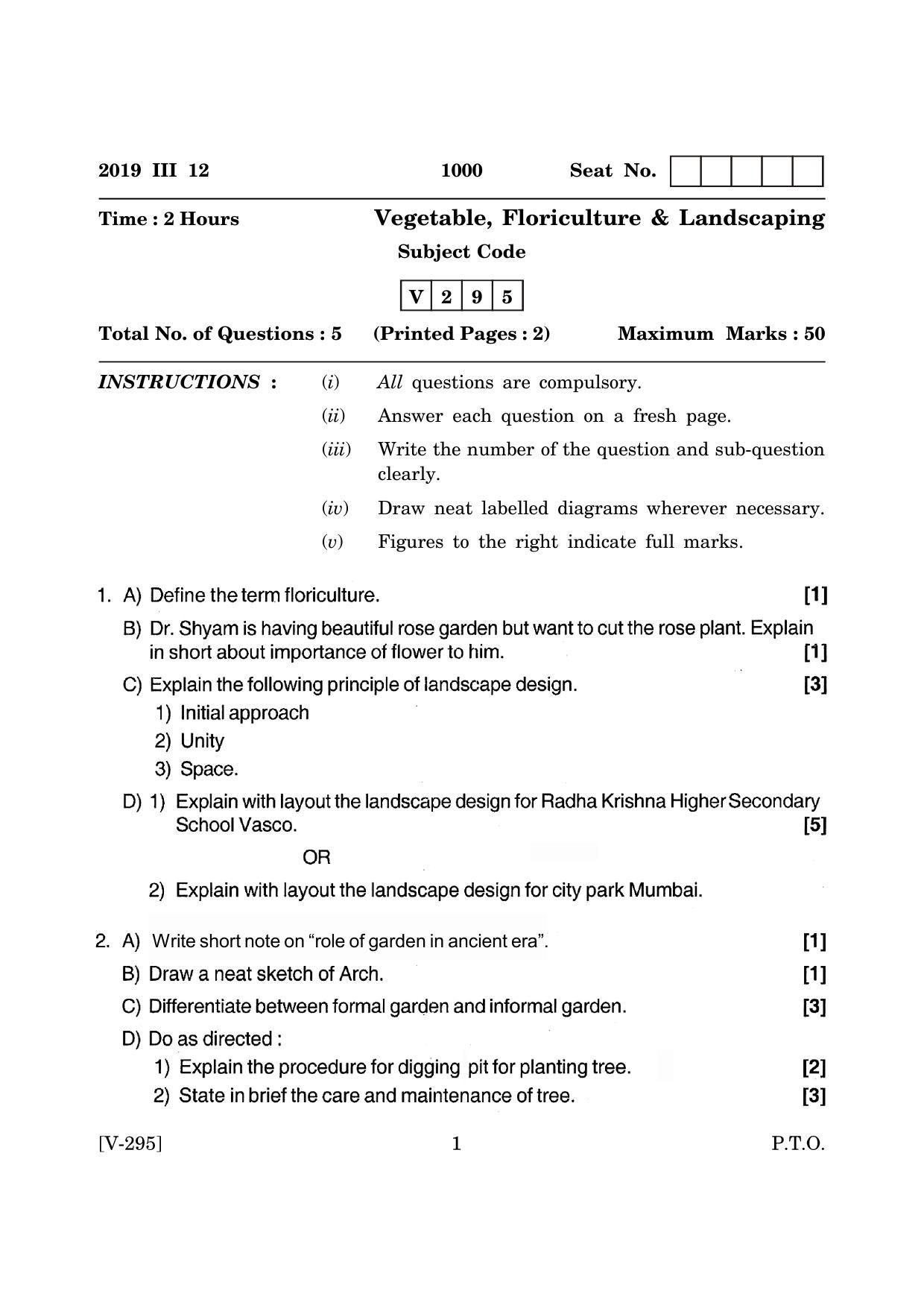 Goa Board Class 12 Vegetables Floriculture & Landscaping  2019 (March 2019) Question Paper - Page 1