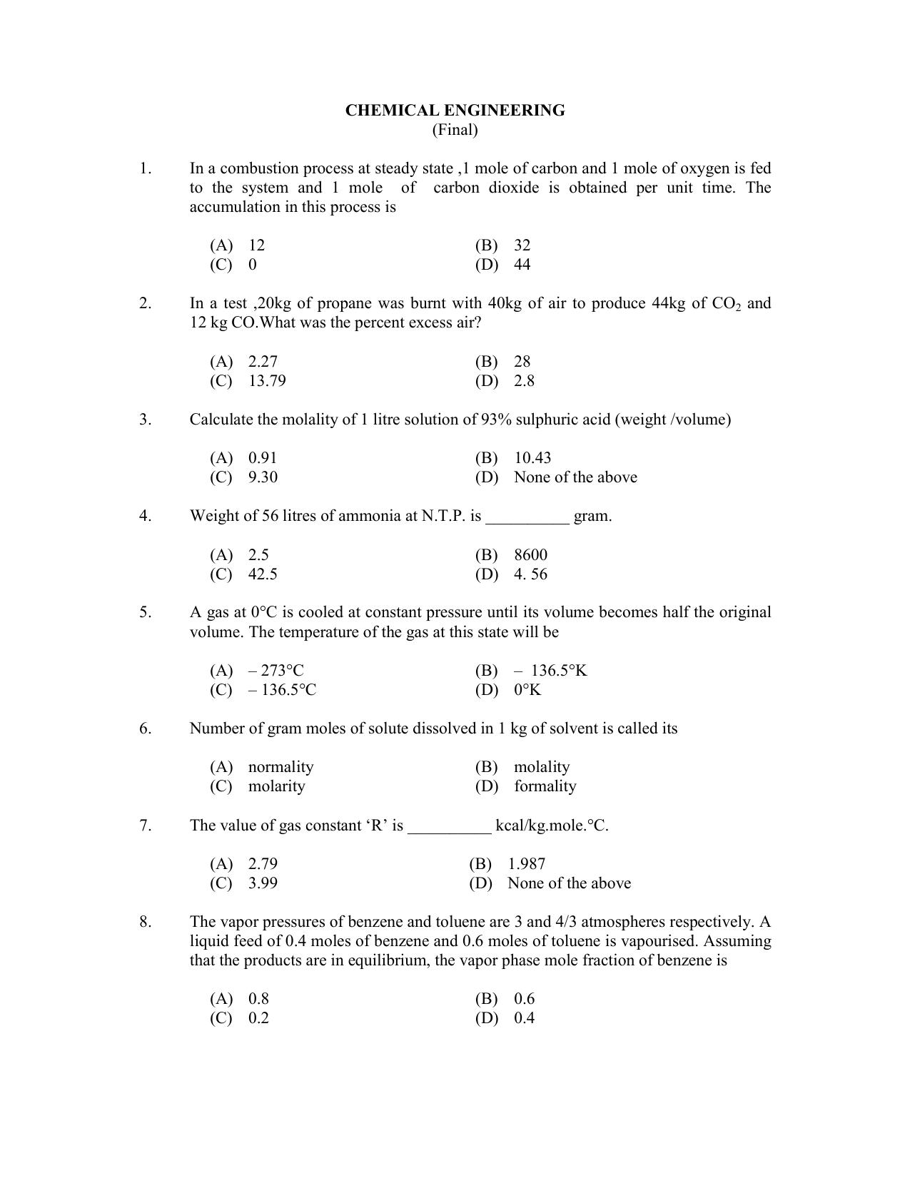 CUSAT CAT 2017 Chemical Engg Question Paper - Page 1